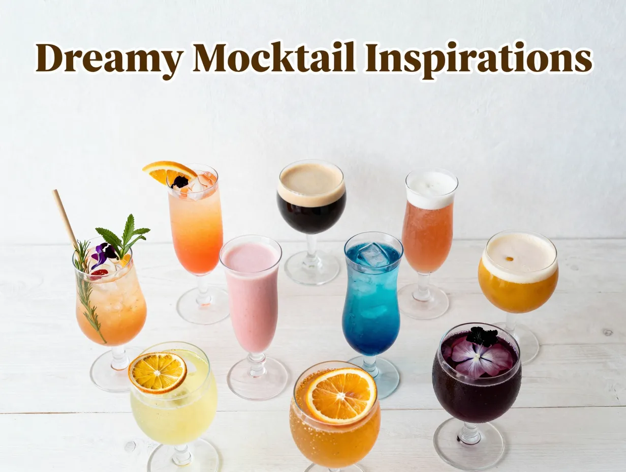 Aerial flat lay eight unique mocktail glasses color gradients