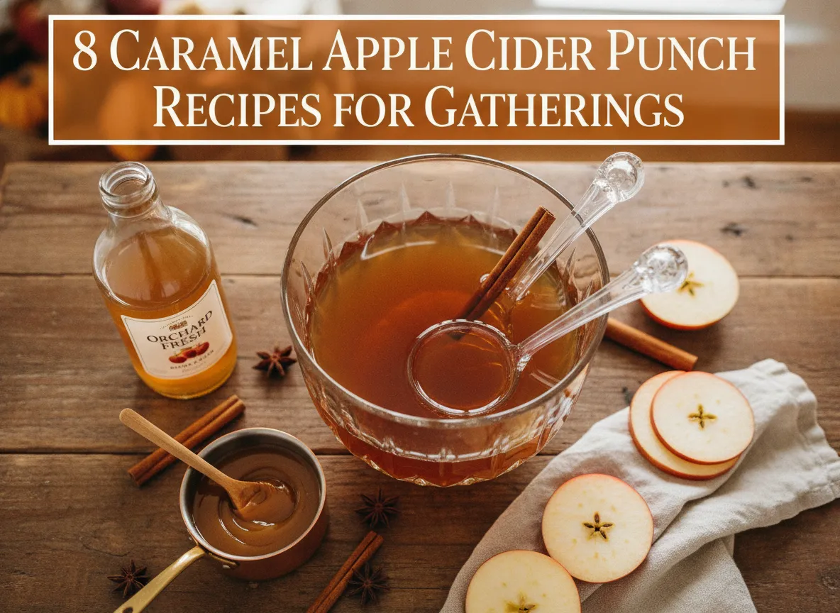 Elegant punch bowl caramel ingredients autumn table flat lay