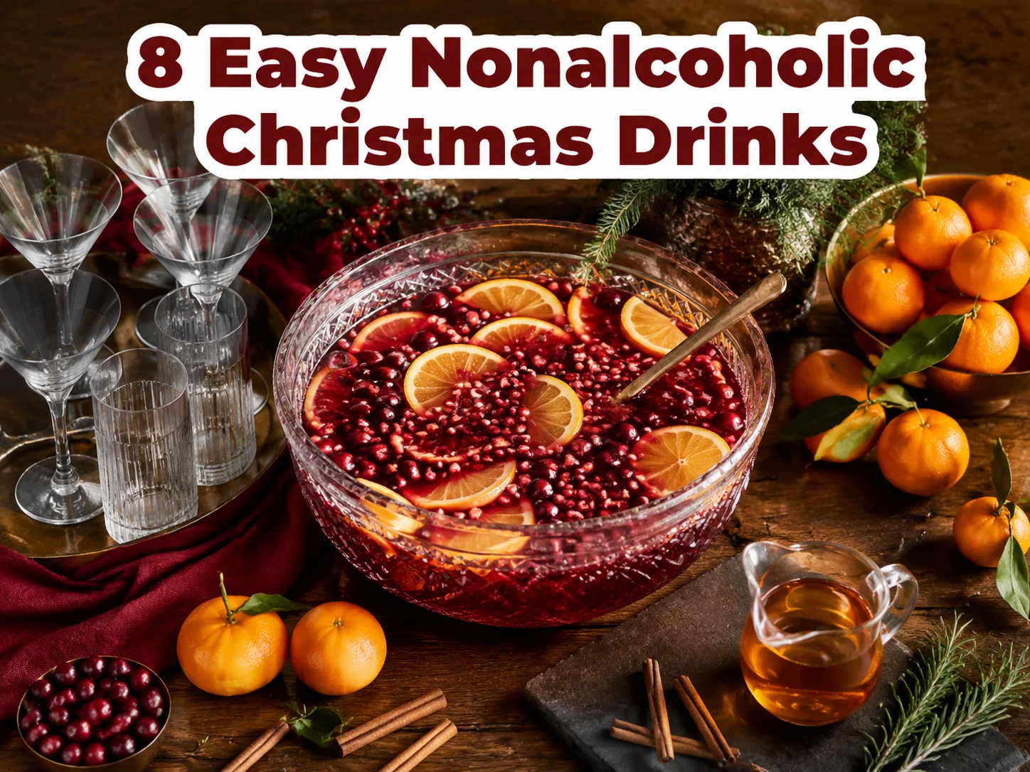 Festive mocktail station punch bowl garnishes glasses warm wood