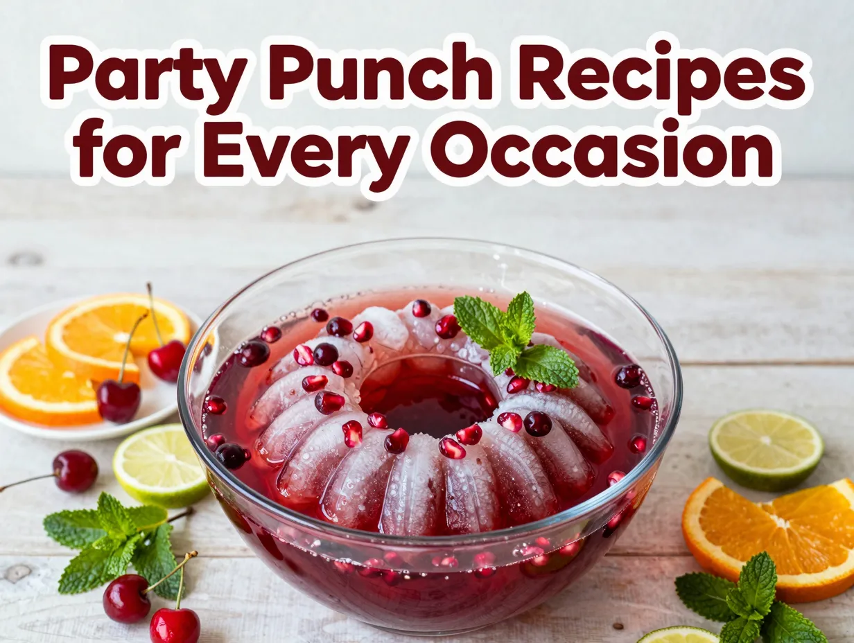 Overhead punch bowl ice ring garnishes party table vibrant drinks