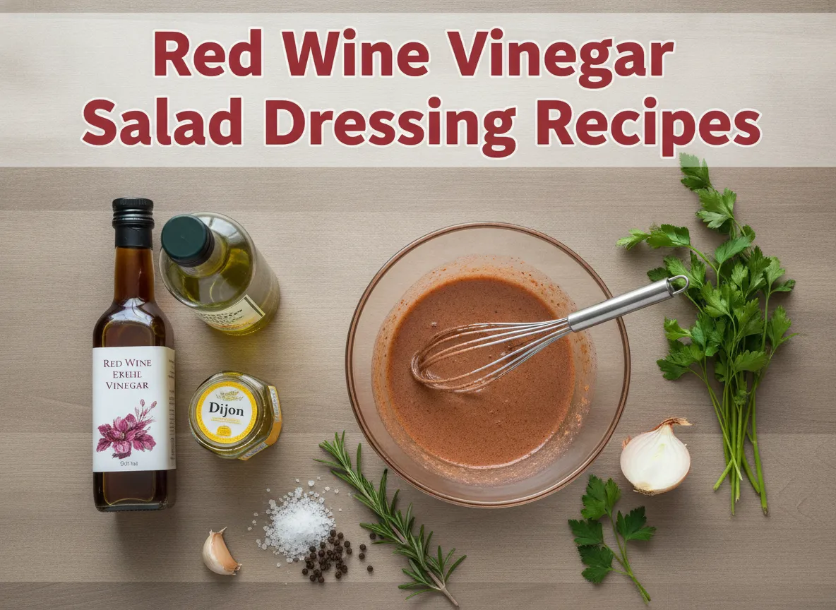 Red wine vinegar olive oil dijon mustard glass bowl whisk overhead