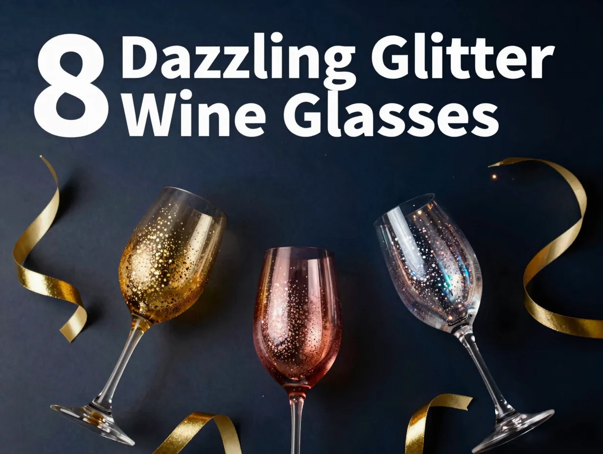 Three sparkling glitter wine glasses celebratory overhead flat lay