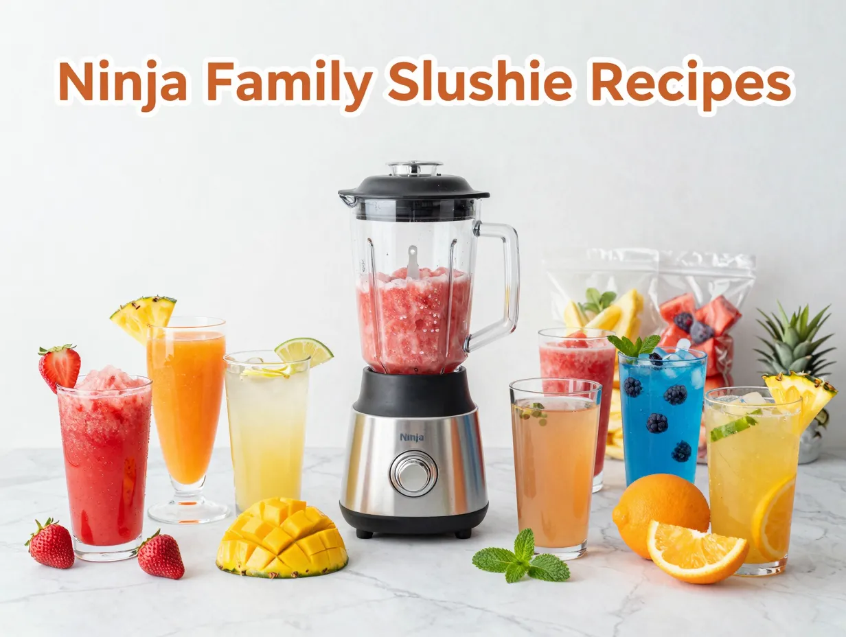 Vibrant slushie variety ninja blender fresh fruit garnishes marble table