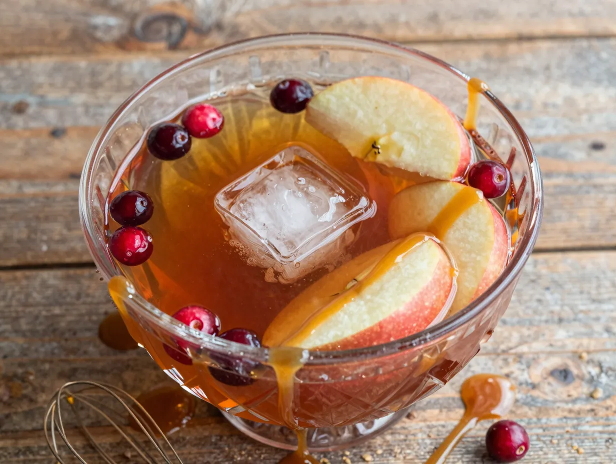 Classic caramel apple punch in punch bowl with apple cranberry garnish