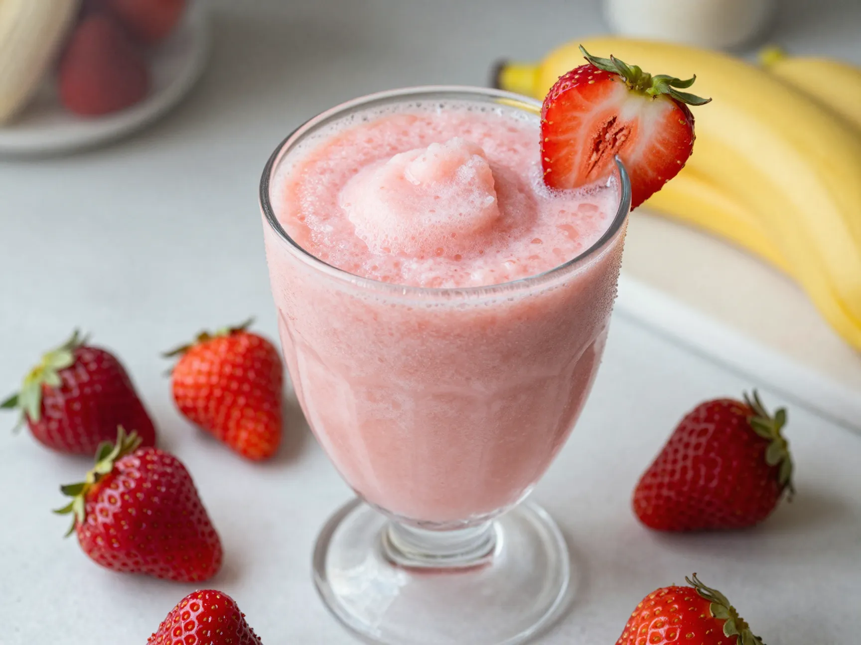 Classic strawberry banana slushie in chilled glass with fresh garnish