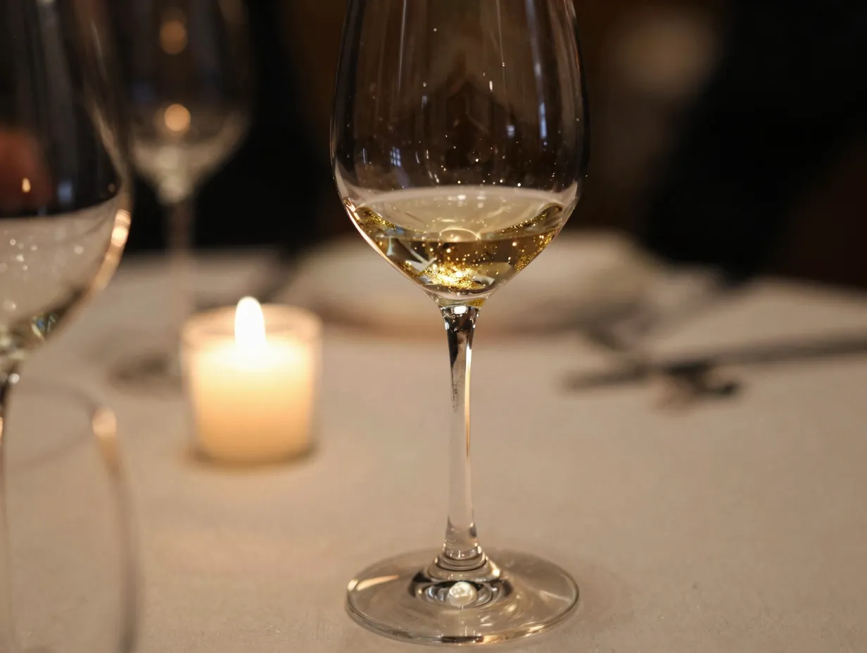 Gold glitter stem wine glass elegantly lit by candlelight at a dinner table
