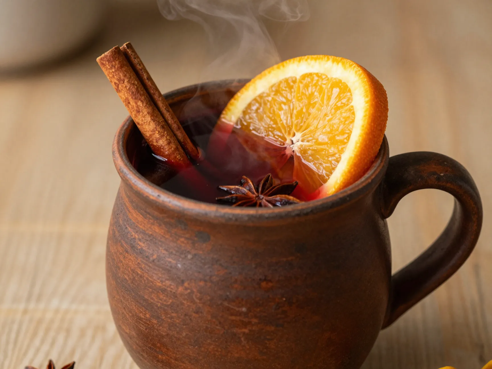 Non alcoholic mulled wine simmering with spices and garnished ready to serve
