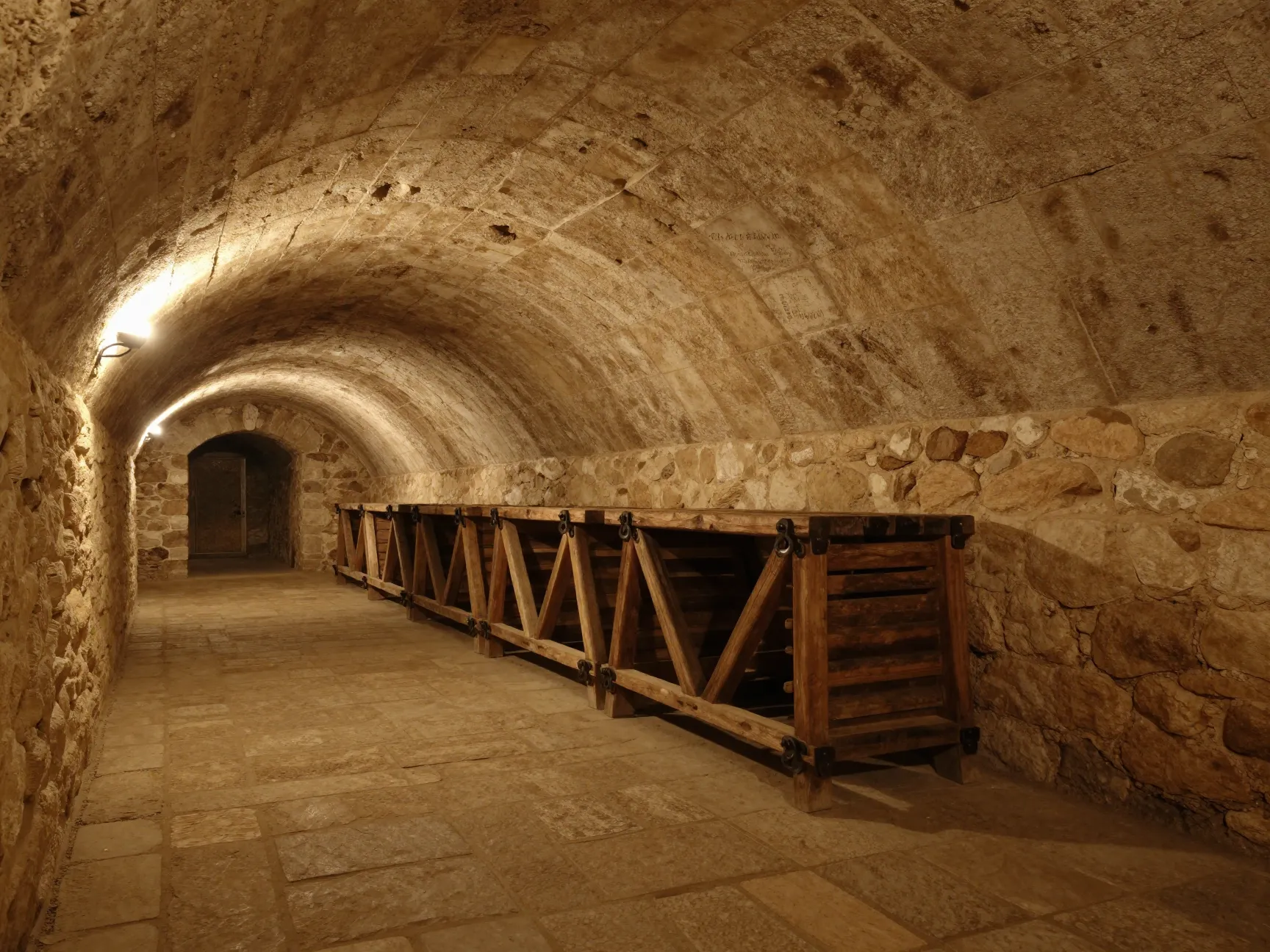Rough cut limestone barrel vaulted ceiling european cave wine cellar