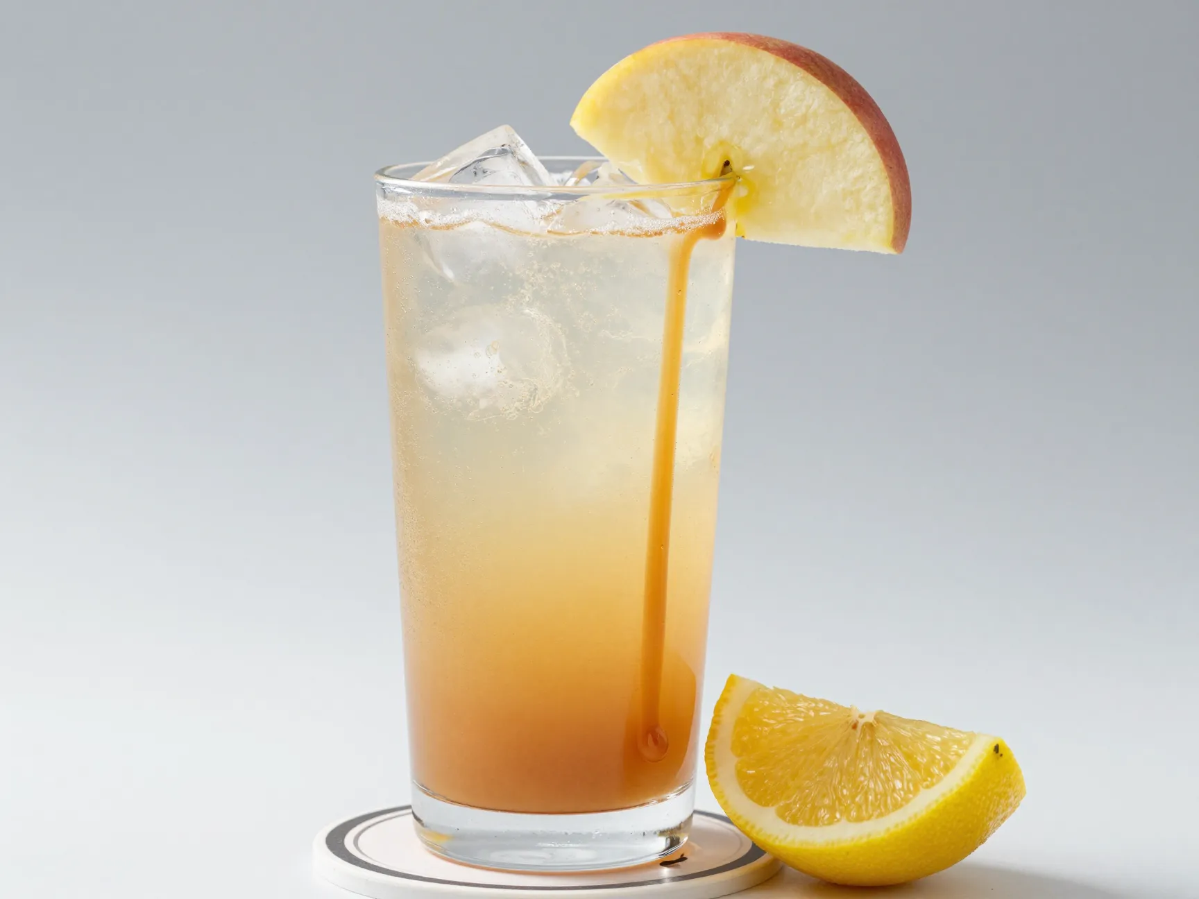 Caramel apple cider mocktail in glass with ginger beer and lemon