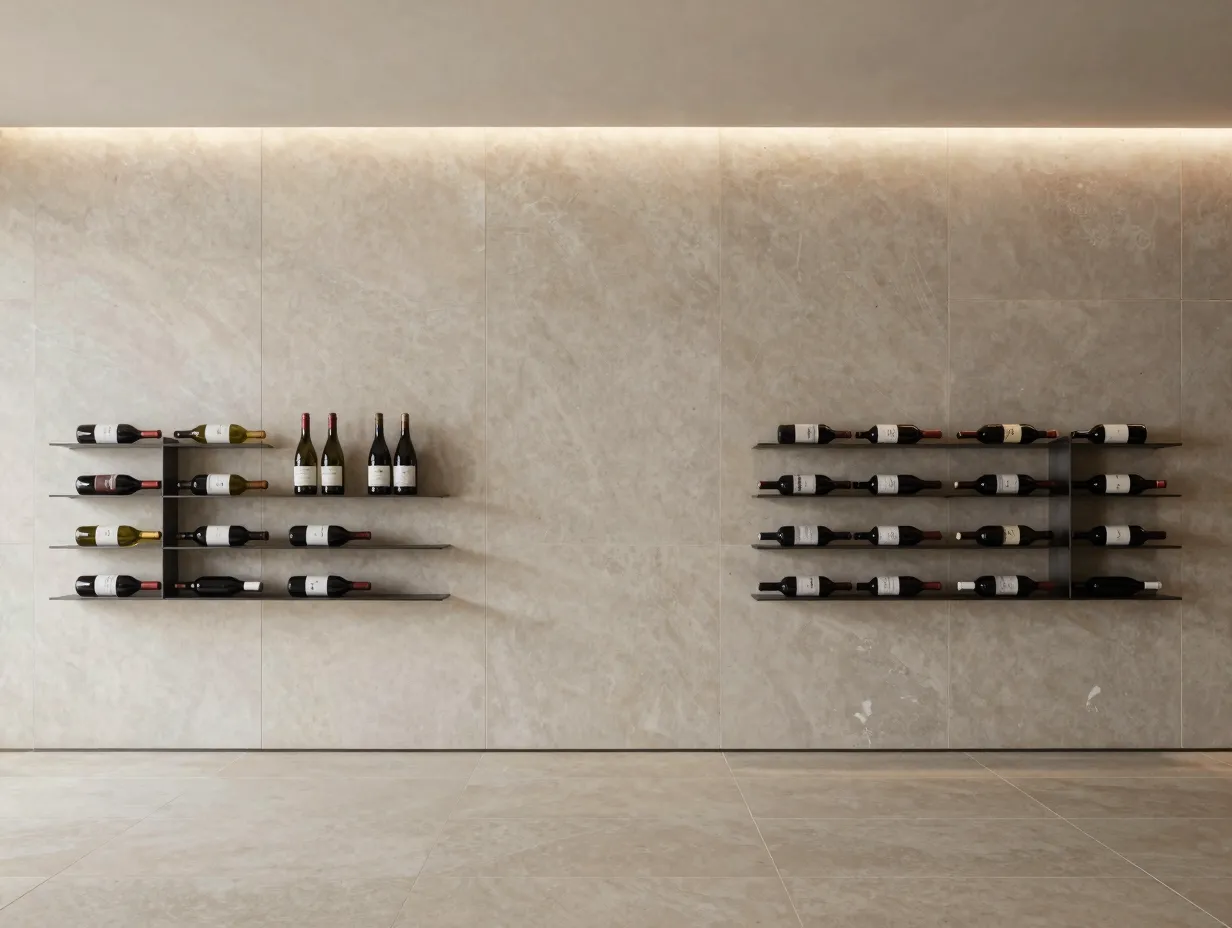 Floor to ceiling honed limestone gallery wall with integrated lighting