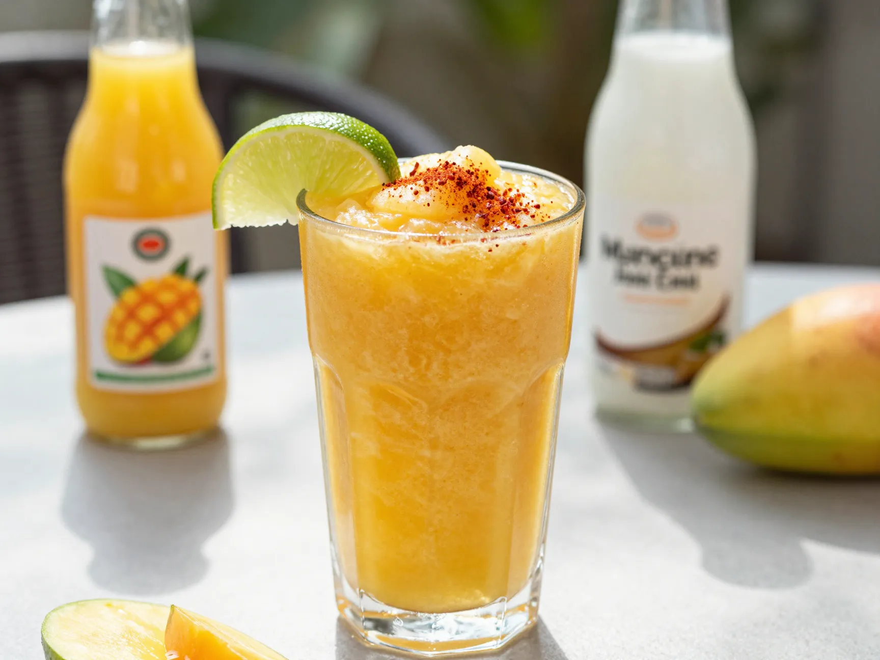 Mango sunshine slush in glass with chili powder garnish