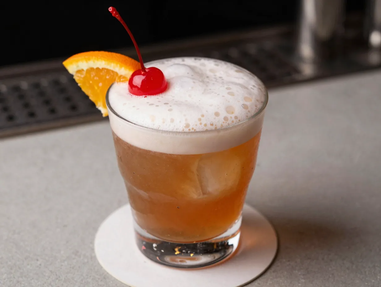 Alcohol free amaretto sour mocktail with foamy top and garnish