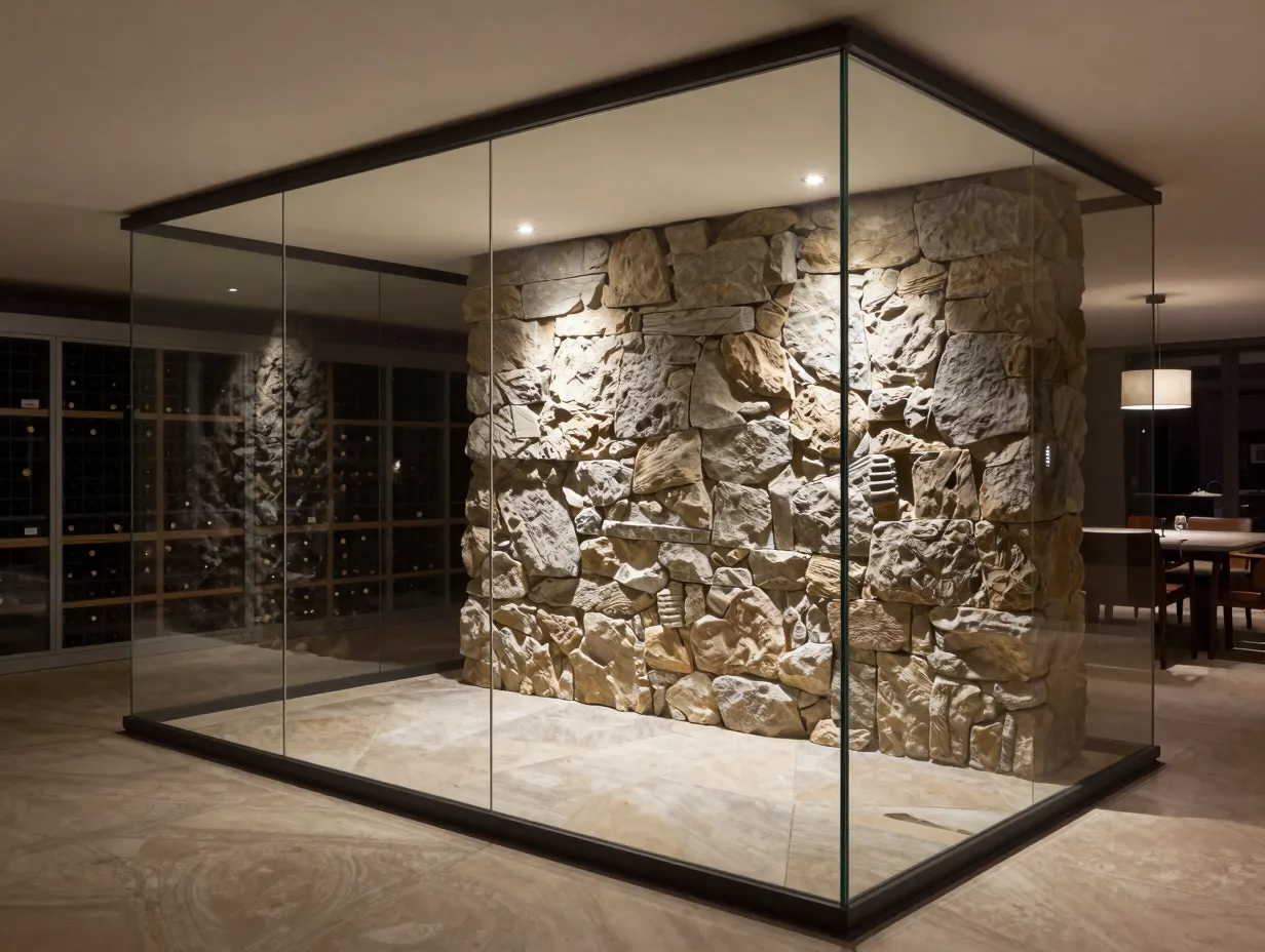 Frameless glass wall revealing interior rough limestone stone accent cellar