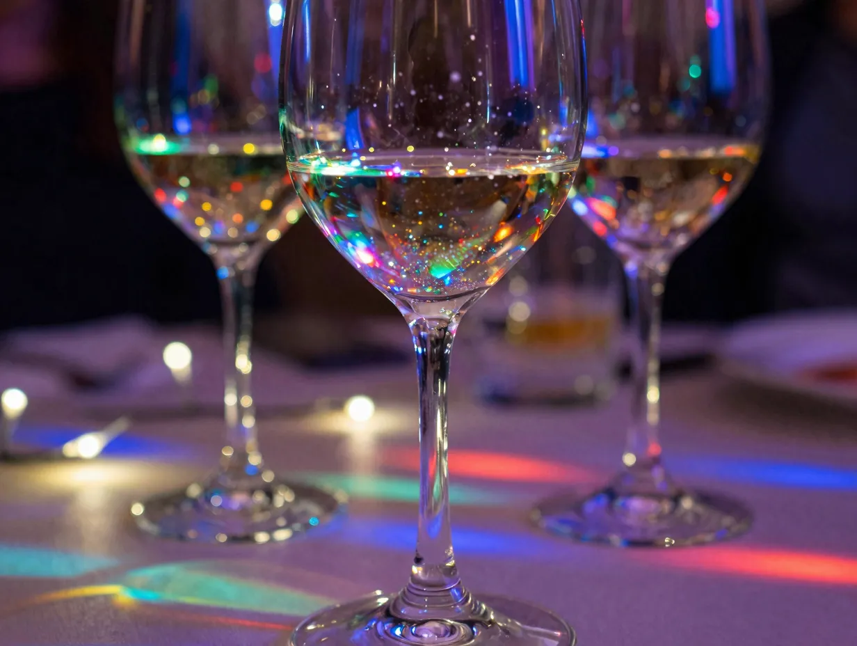 Holographic glitter wine glass refracting rainbow light at a birthday party