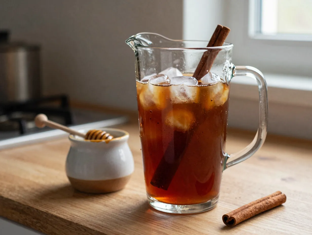 Iced chai caramel cider punch in pitcher with cinnamon sticks