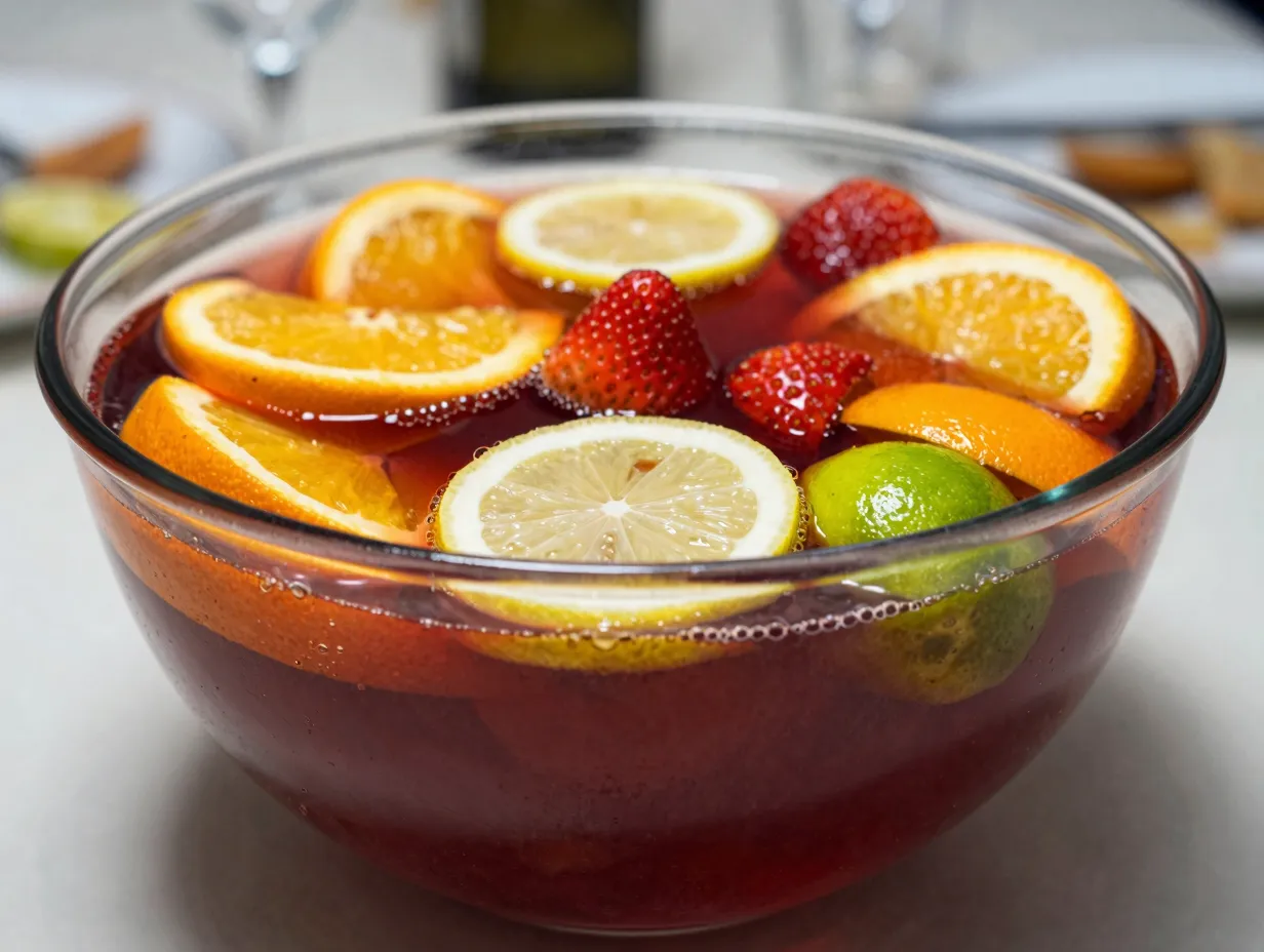 Nonalcoholic sangria punch glass bowl with sliced fruit overnight infusion