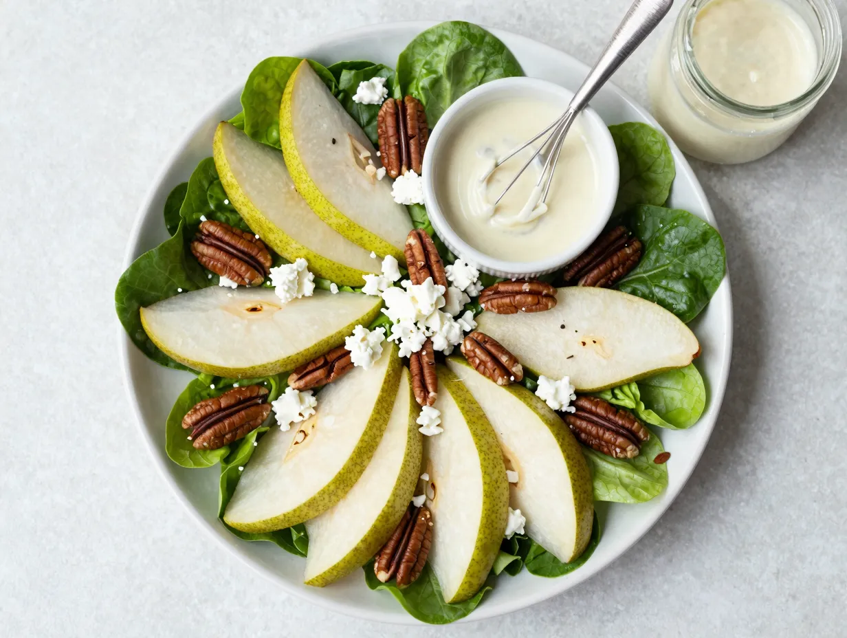 Shallot dijon dressing with goat cheese pear salad