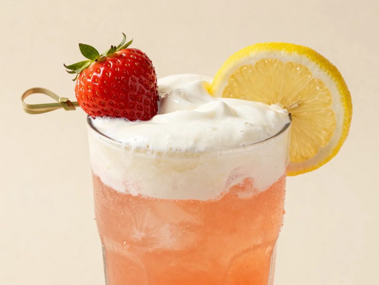 Strawberry sunrise dirty soda fresh strawberry lemon cream garnish