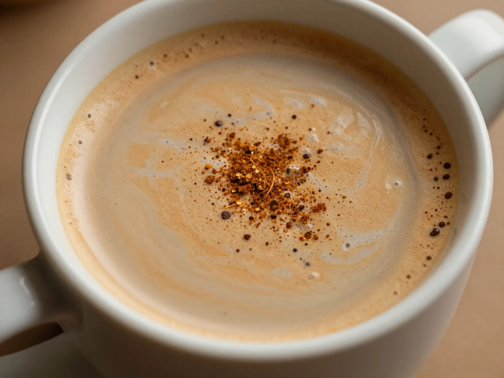 Dirty chai latte in mug with espresso and nutmeg dusting