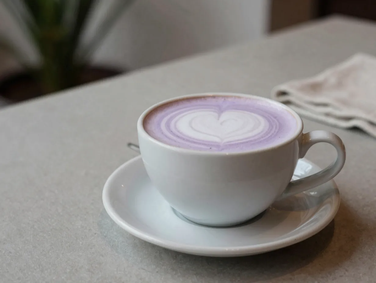 Lavender oat milk latte ceramic cup