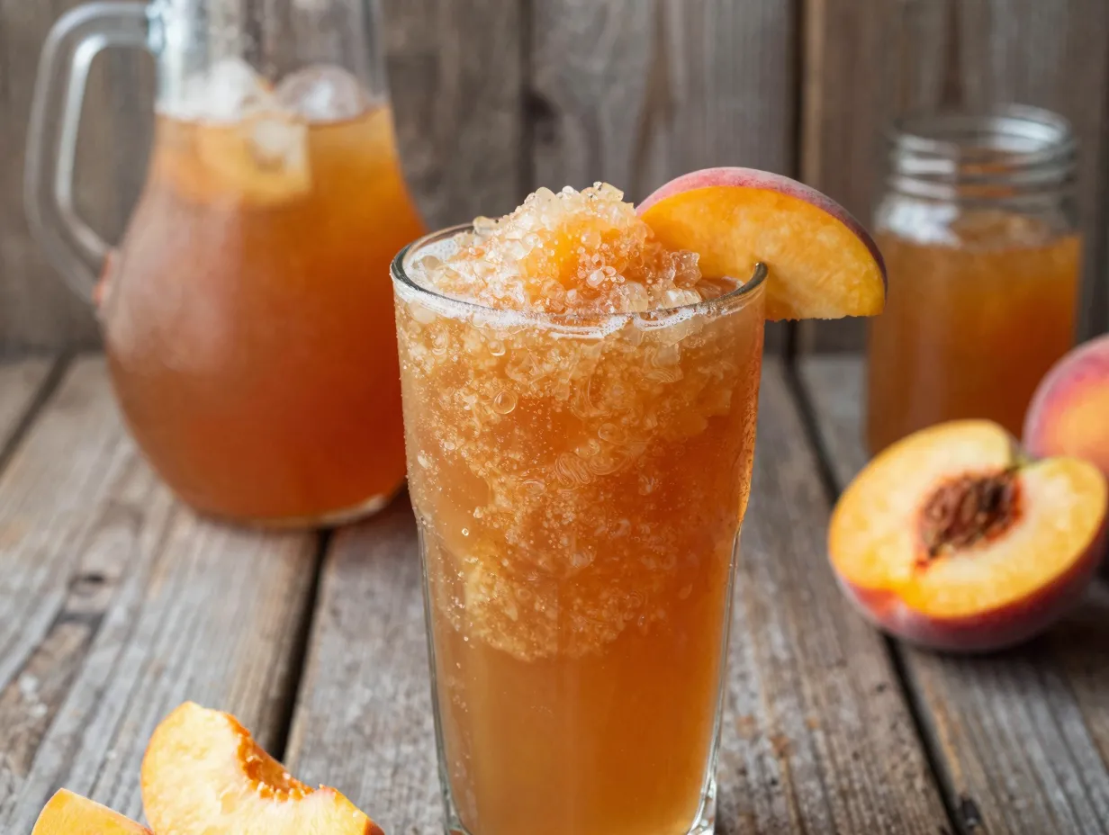 Peach iced tea slush in tall glass with peach slice