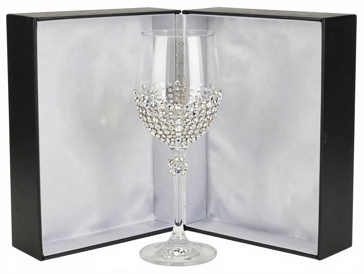 Rhinestone bling wine glass with crystal embellishments on a gift box