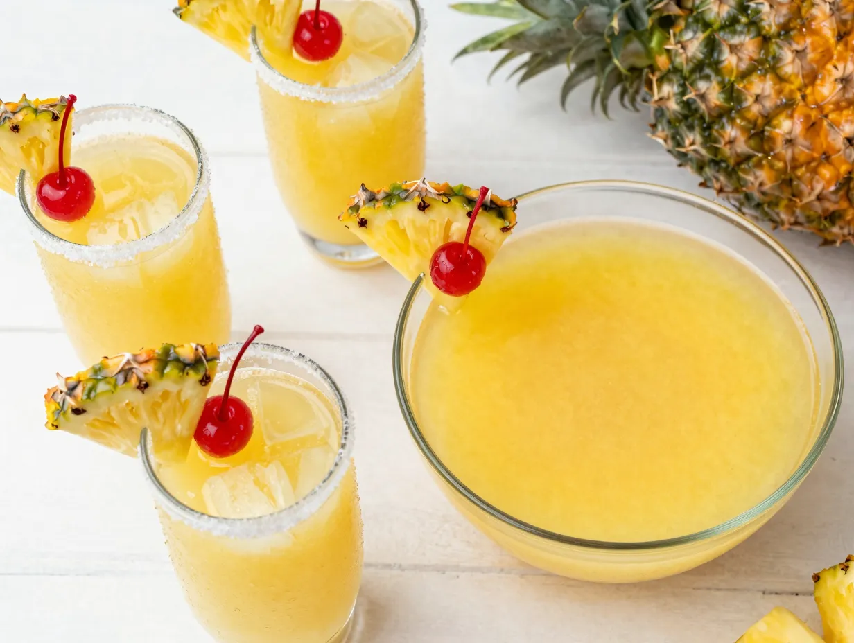 Tropical pineapple ginger ale punch garnished with pineapple wedges cherries