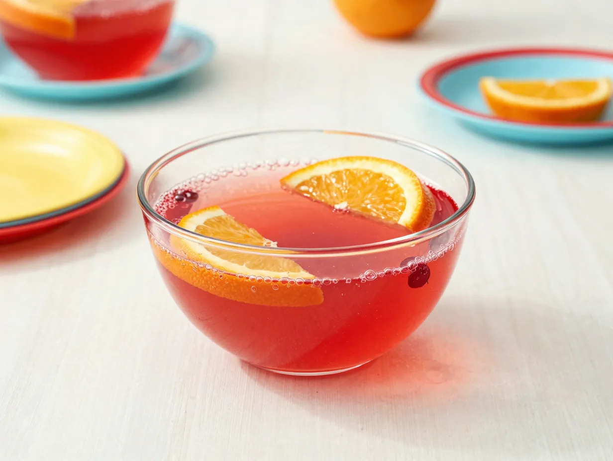 Bright red sparkling party punch with orange slices childrens birthday table