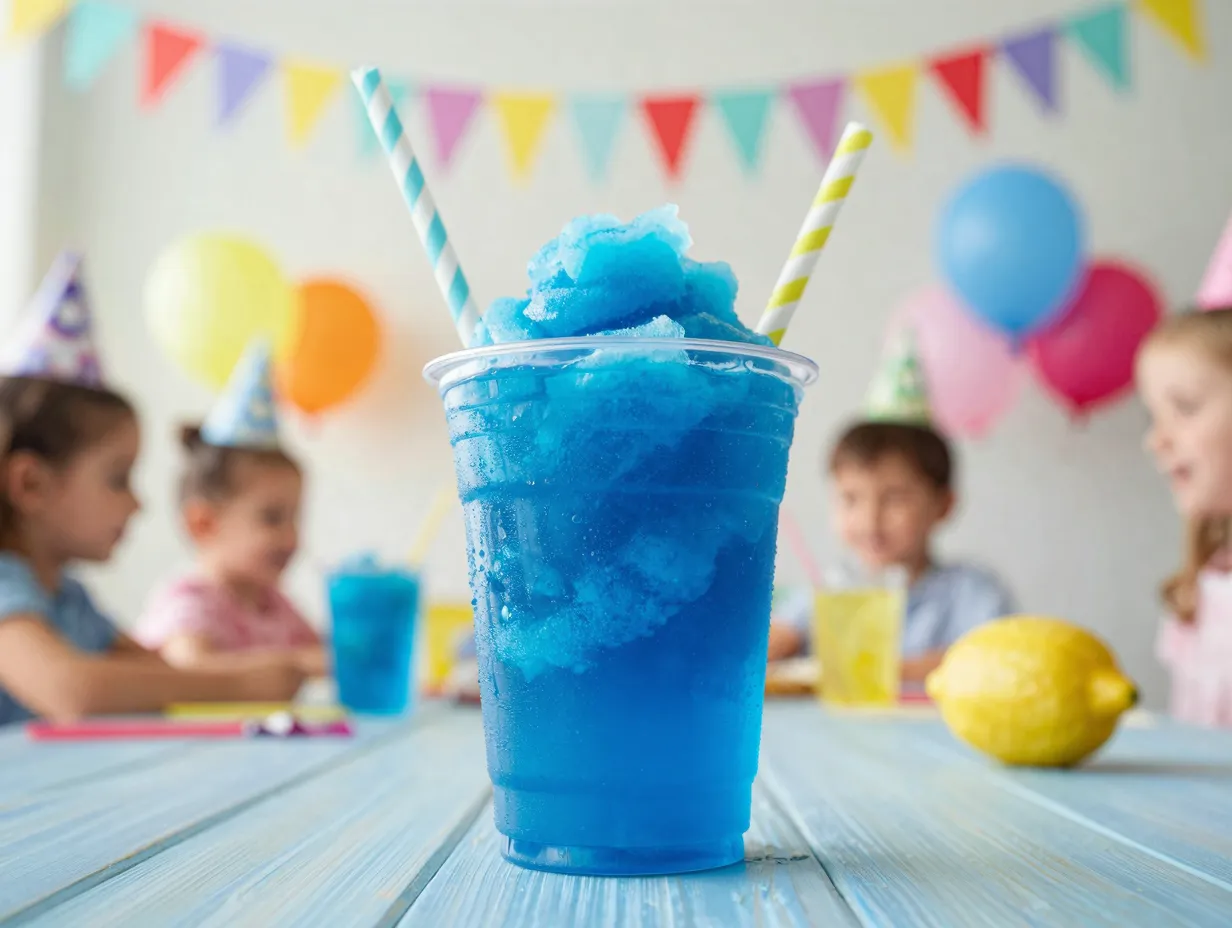 Electric blue raspberry lemonade slushie at birthday party