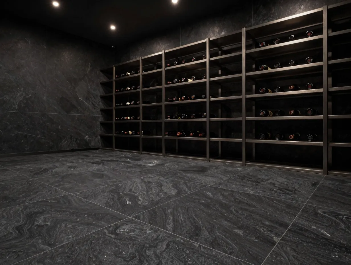 Honed basalt floor tiles and feature wall with modular steel racking