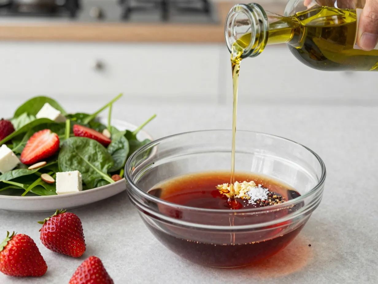 Honey garlic vinaigrette drizzled over spinach strawberry salad
