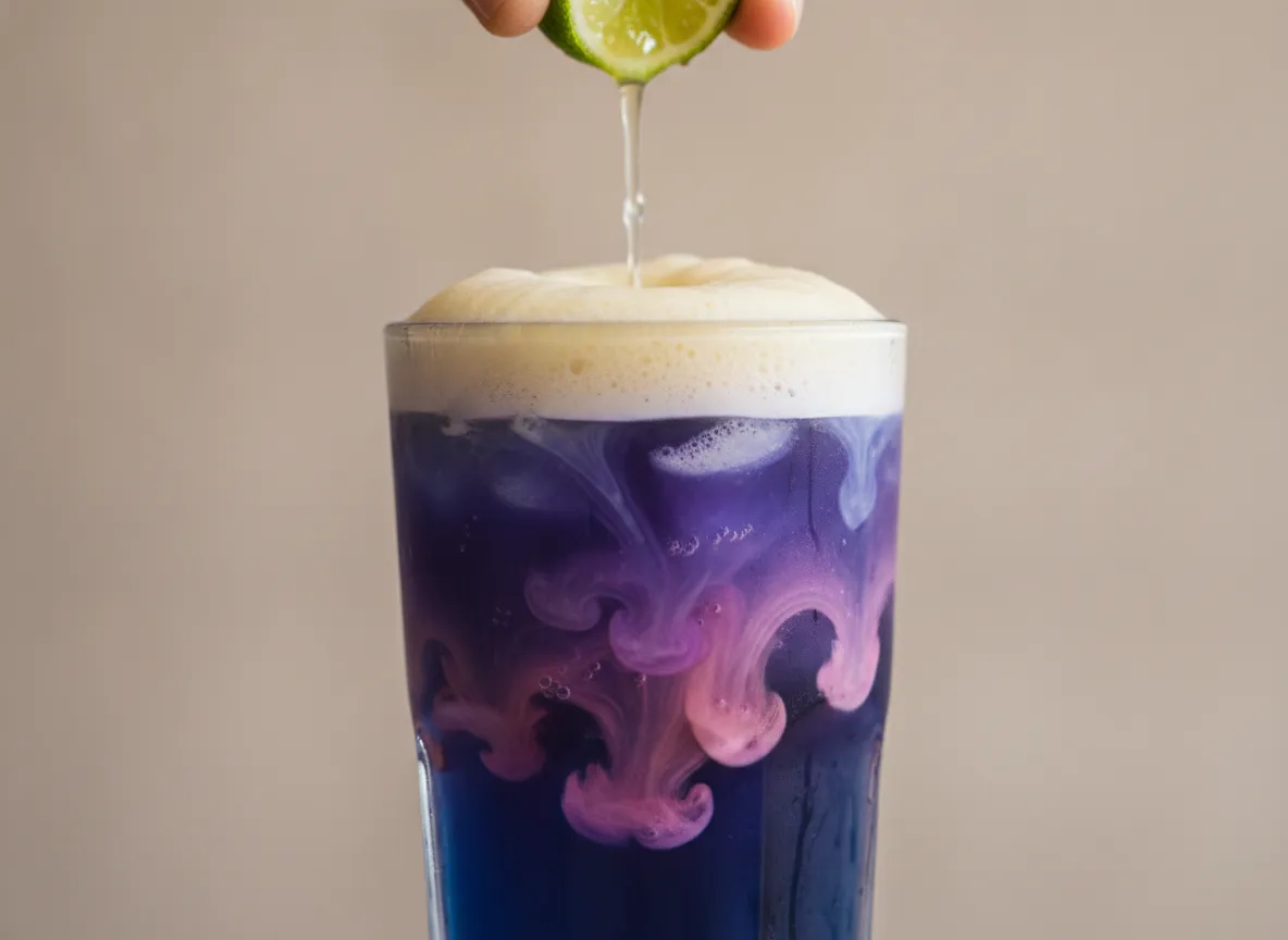 Indigo butterfly pea flower mocktail color change lime garnish