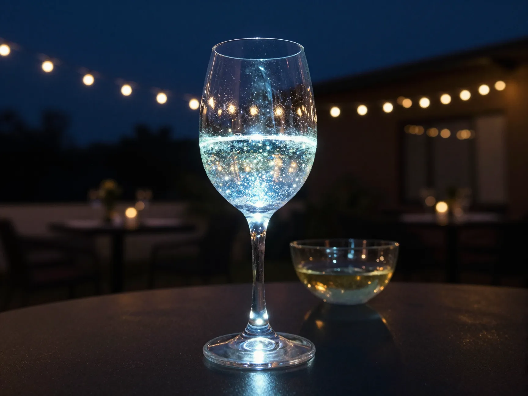 Light up led glitter wine glass glowing at an outdoor evening party