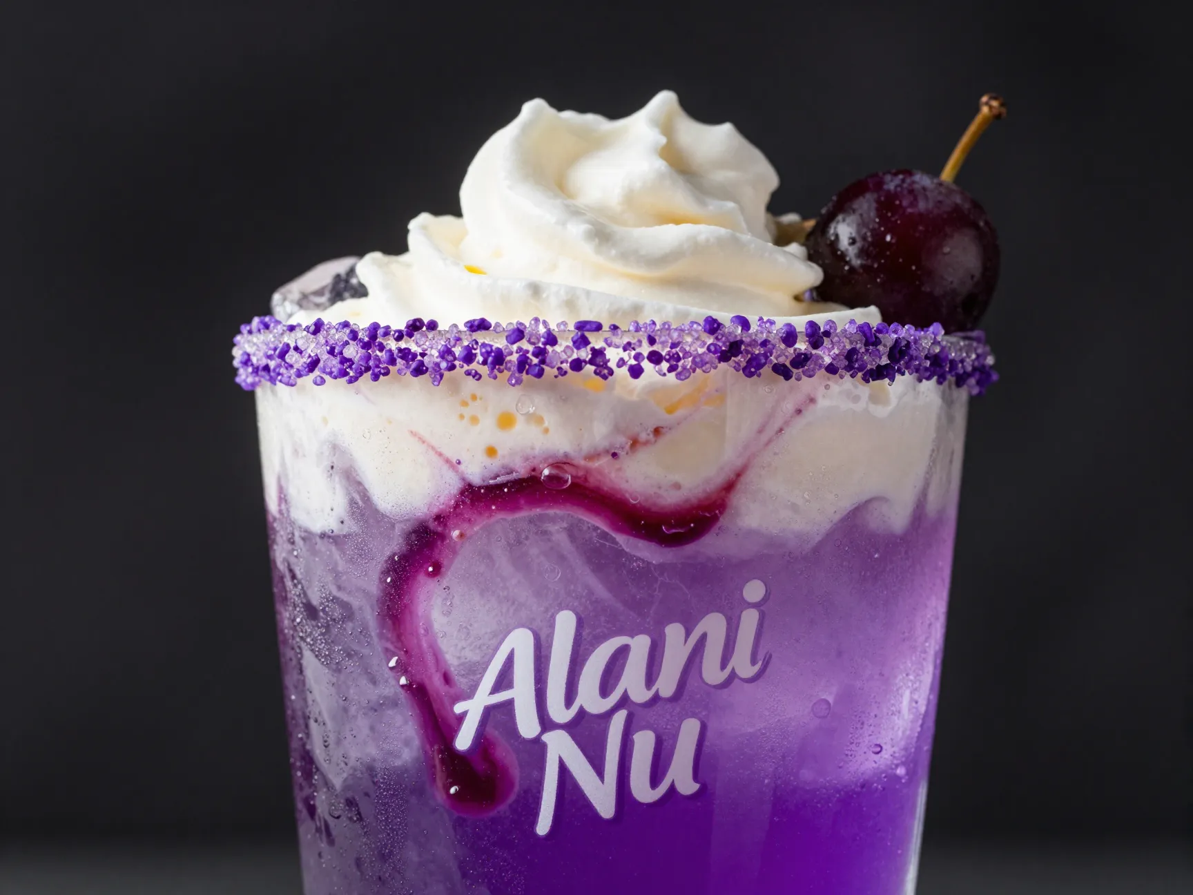 Purple cotton candy dirty soda vanilla cream grape juice sugar rim