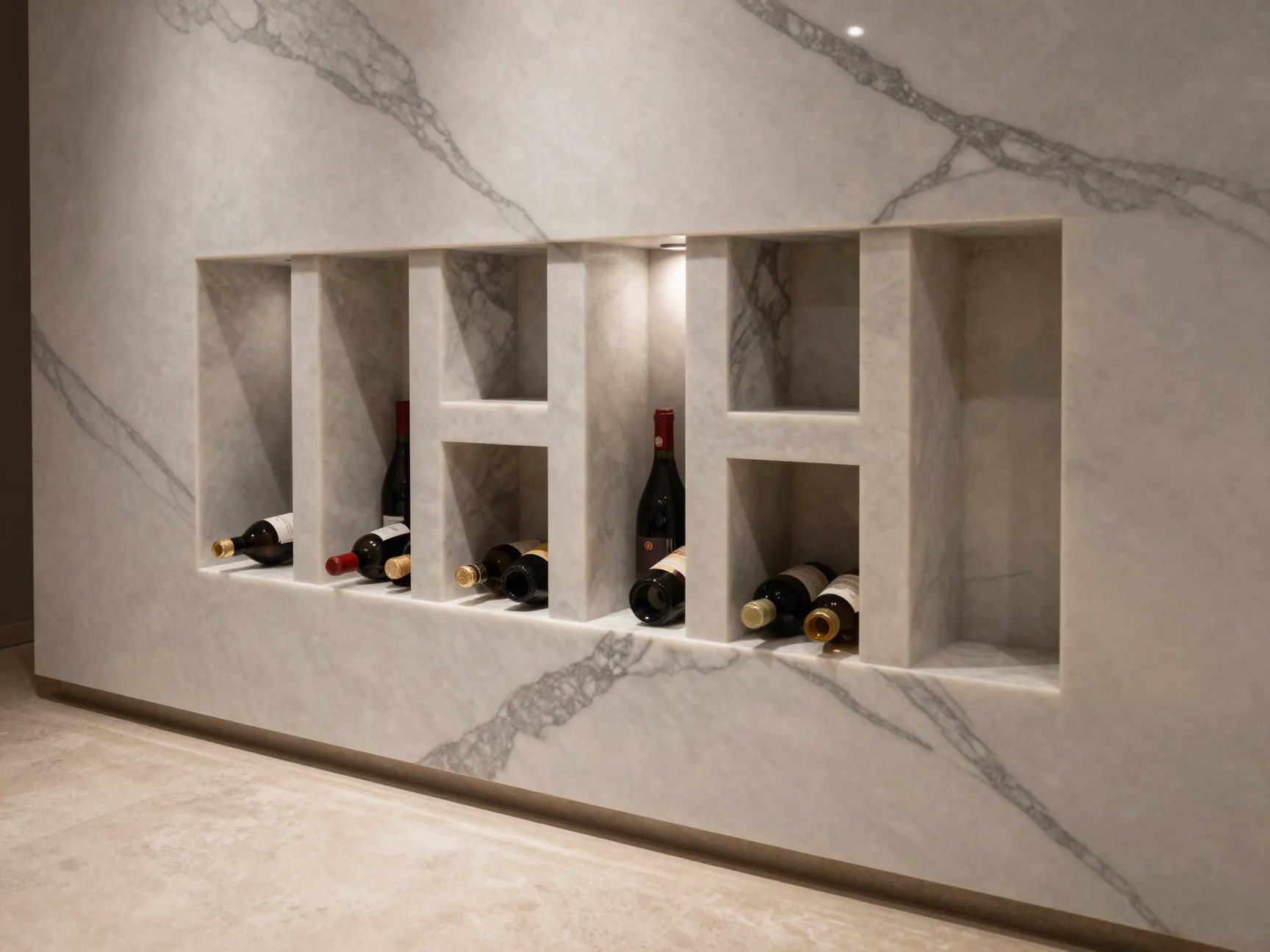 Calacatta marble accent wall with custom cut stone display niches