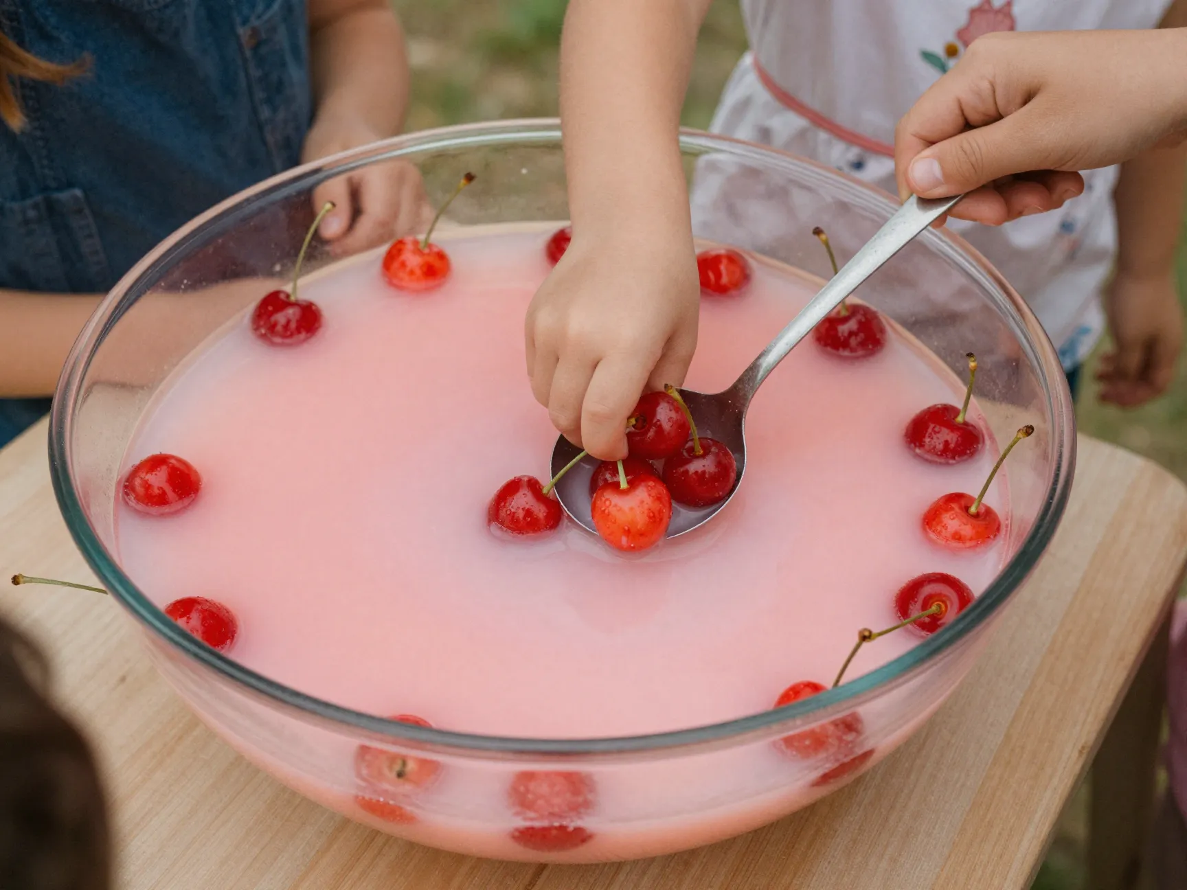 Pink shirley temple punch bowl with maraschino cherries family reunion