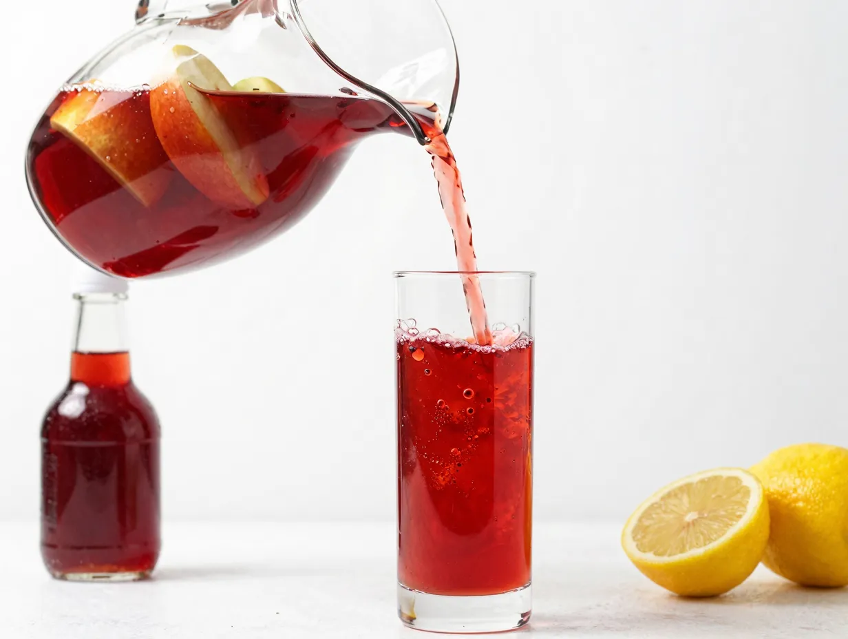 Spiced caramel cider with vodka and grenadine in pitcher