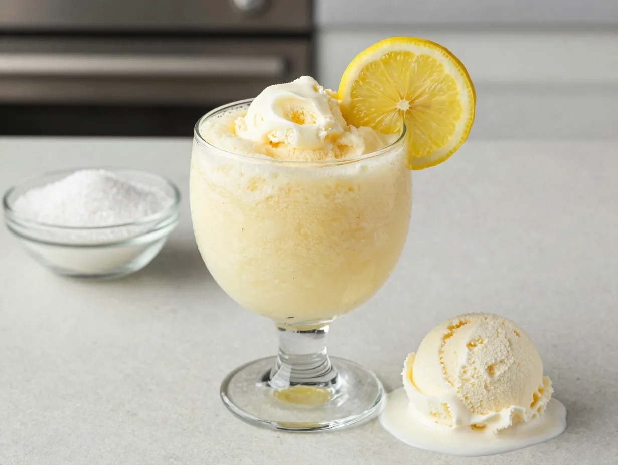 Vanilla lemonade slush with lemon slice in wide glass