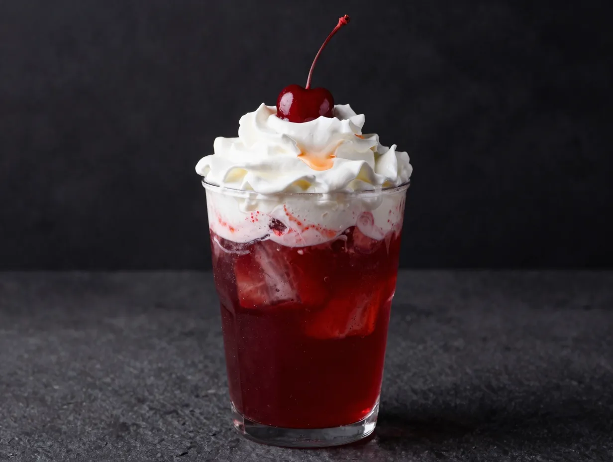 Cherry bomb dirty soda heavy cream vanilla syrup fresh cherry