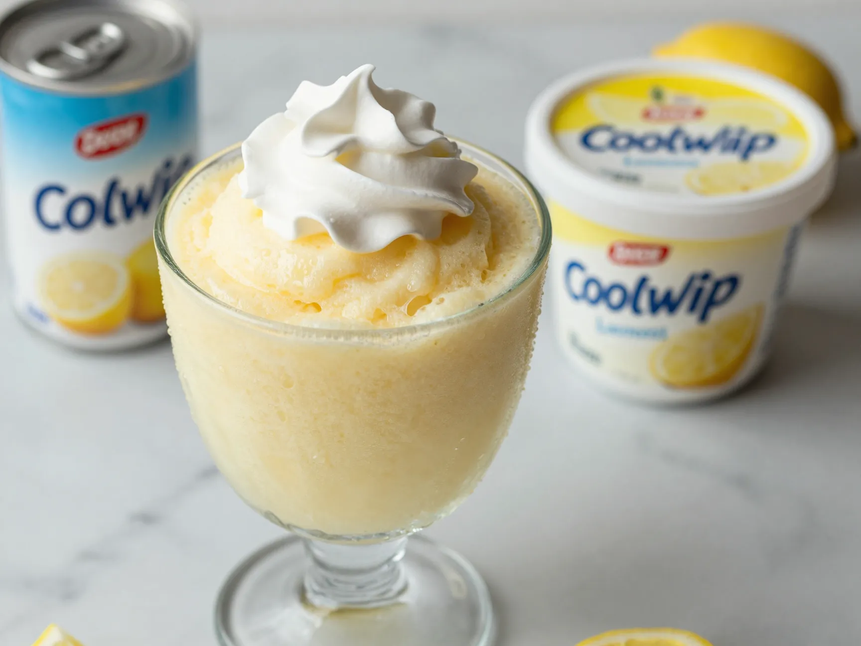 Creamy lemonade milkshake slushie with whipped topping dollop