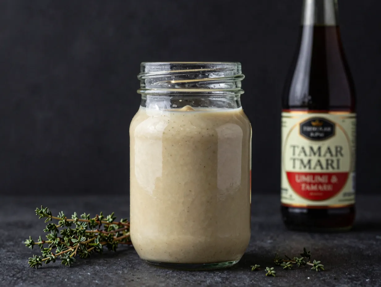Creamy thyme tamari umami dressing in glass jar