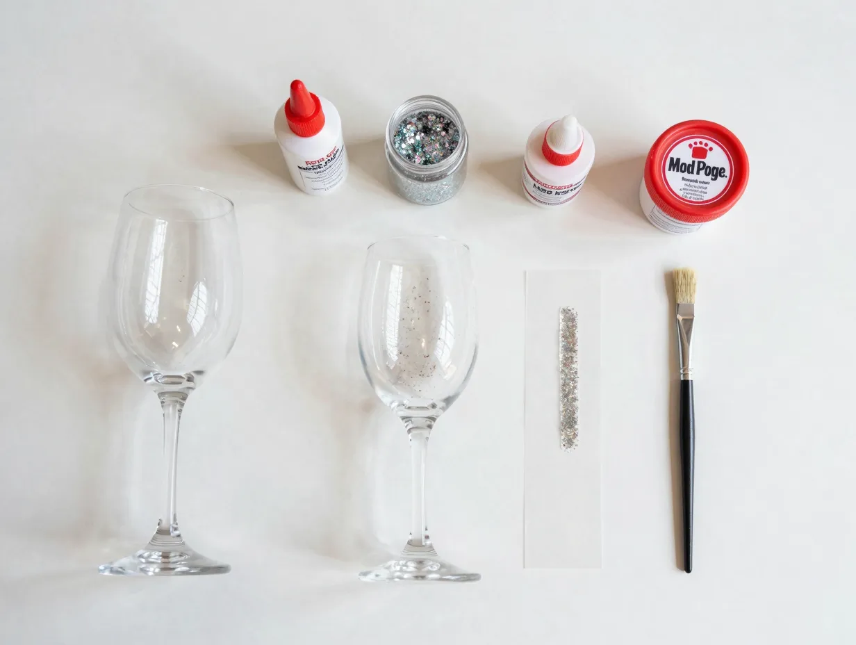 Diy glitter wine glass kit materials arranged on a crafting table