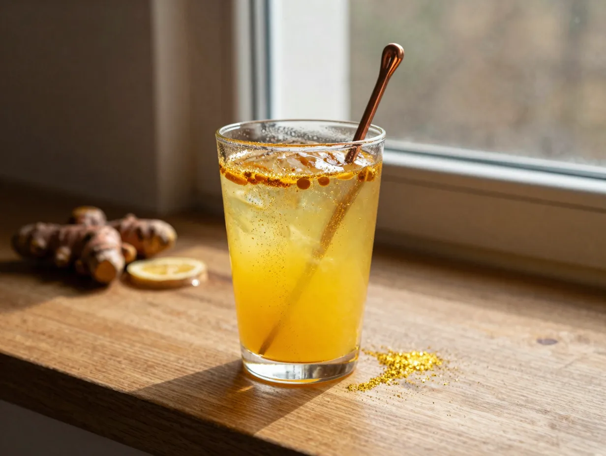 Golden turmeric lemonade shimmer dust late afternoon window light