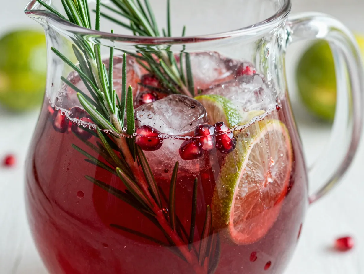 Pomegranate rosemary punch in pitcher with fresh herb garnish