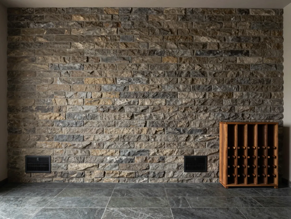 Realistic faux stone wall panels with genuine slate tile flooring