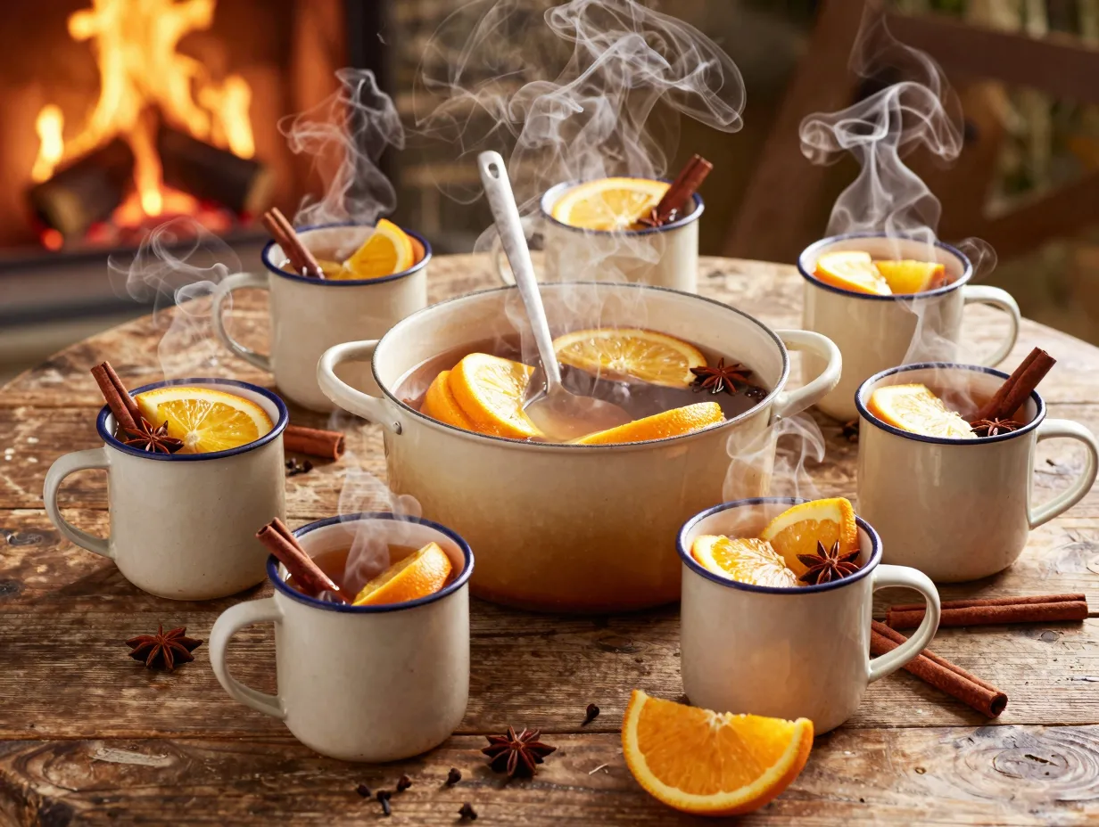 Warm spiked caramel apple cider in mugs on rustic table