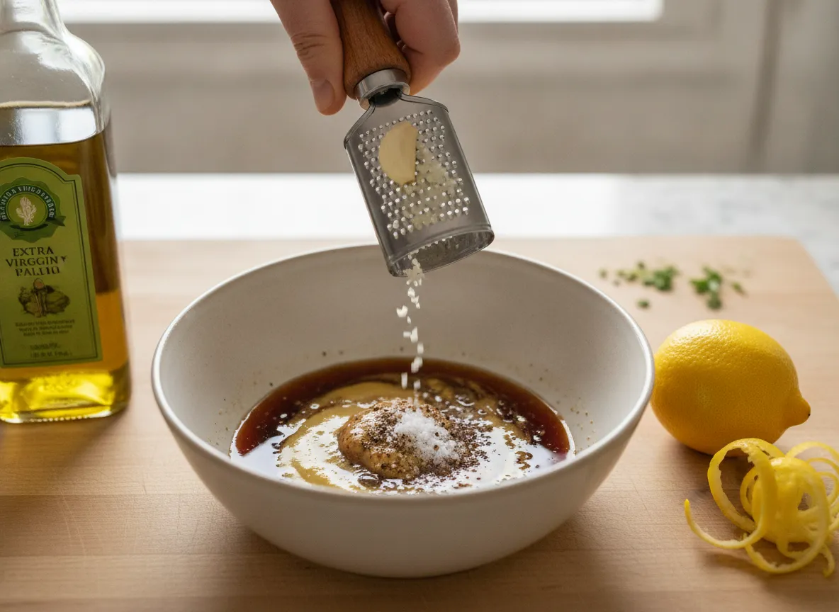 Balanced sweet salty tangy dressing with microplane grated garlic