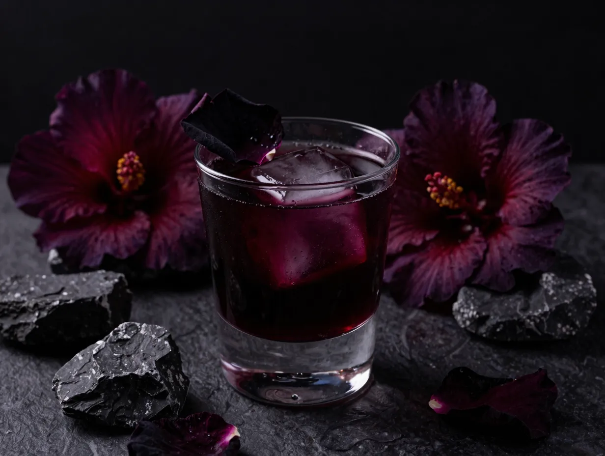 Dramatic midnight garden hibiscus shrub dark floral rocks glass