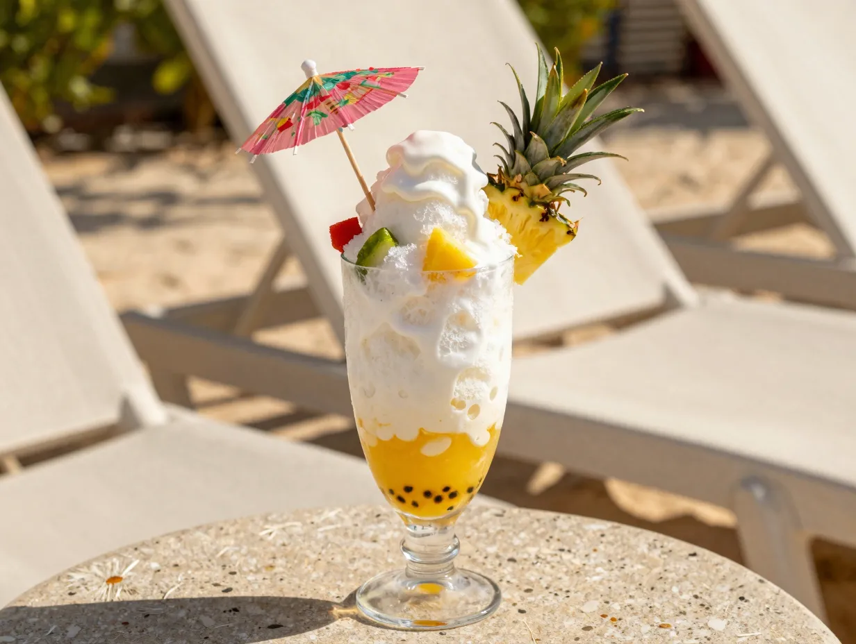 Hawaiian shaved ice dirty soda tropical garnish coconut cream