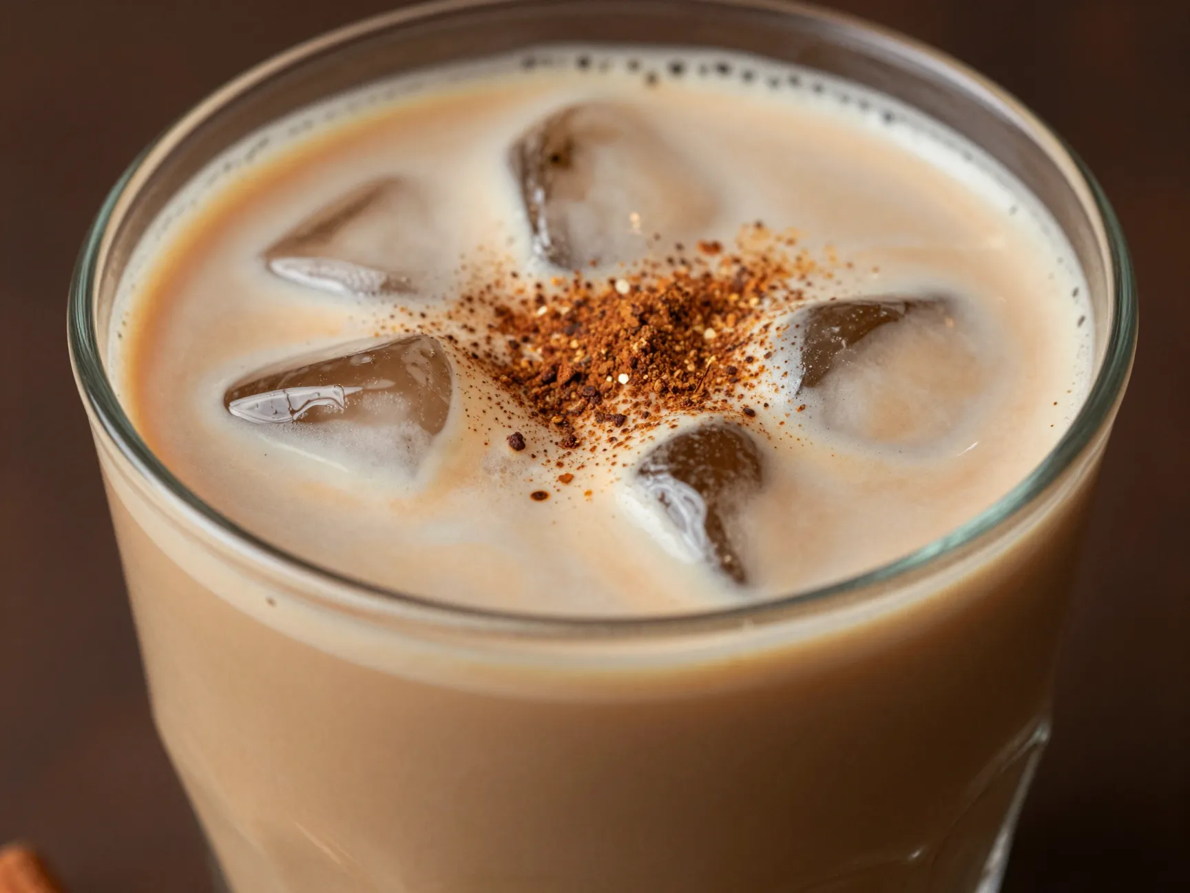 Non alcoholic irish cream liqueur in glass over ice dessert drink